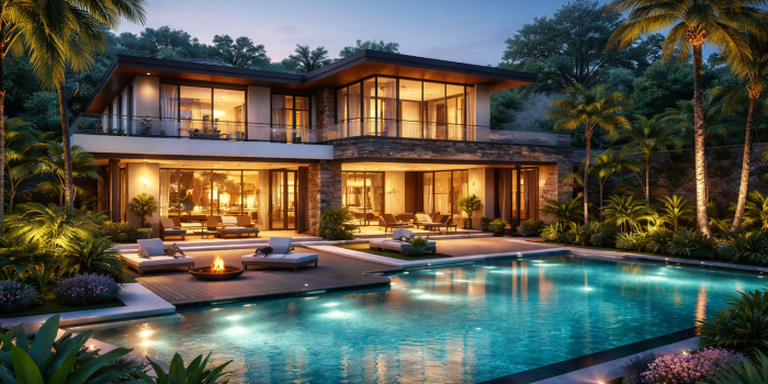 Luxurious villa at twilight with pool